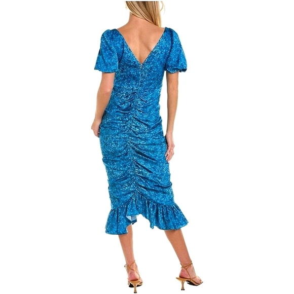 AMUR Floral Ruched Mermaid Tiered Puff Sleeve Peasant Blue Midi Dress. Size 10. - Picture 2 of 15